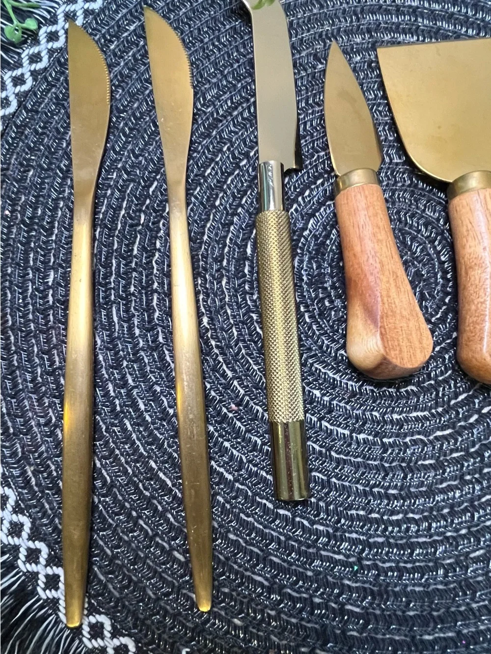 Brass and Wood Kitchen Utensil Set - Gold Tone